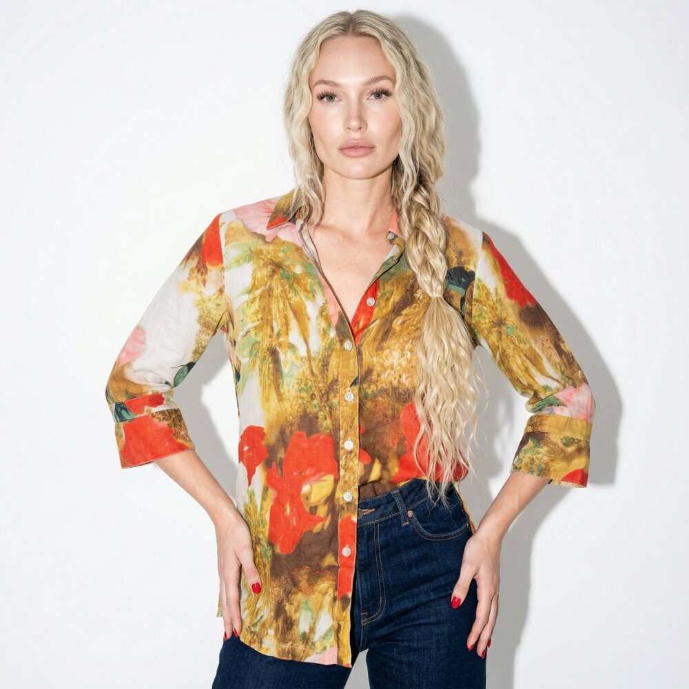 ECRU FLORAL PRINT BUTTON UP SHIRT 3/4 SLEEVE M WOMENS